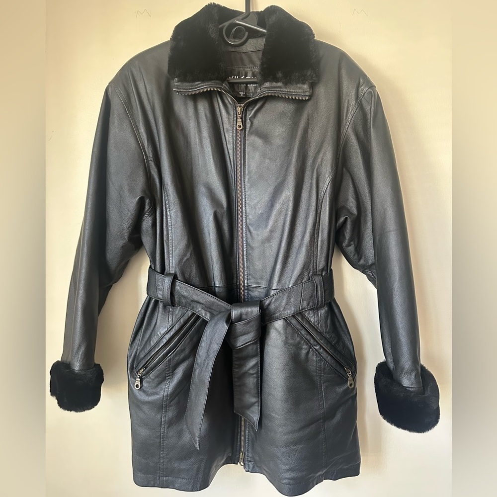 Wilsons Leather Jacket Women’s Medium Black Belted Long Trench Peacoat with Fur